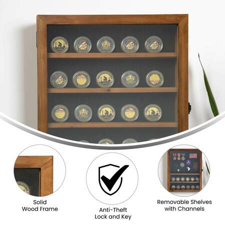 Flash Furniture Maverick 14.5x17.5 Solid Pine Medals Dsplay Case w/4 Channel Grooved Removable Shelves, Rustic Brwn HMHD-23M018YBN1-RSTBRN-1417-GG